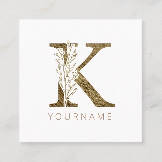 Floral Monogram K Elegant Gold Foliage Vierkante Visitekaartje (Voorkant)