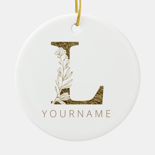 Floral Monogram L Elegant Gold Foliage Keramisch Ornament (Voorkant)