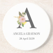 Floral Monogram Letter A Custom Name and Date  Zandsteen Onderzetter (Voorkant)