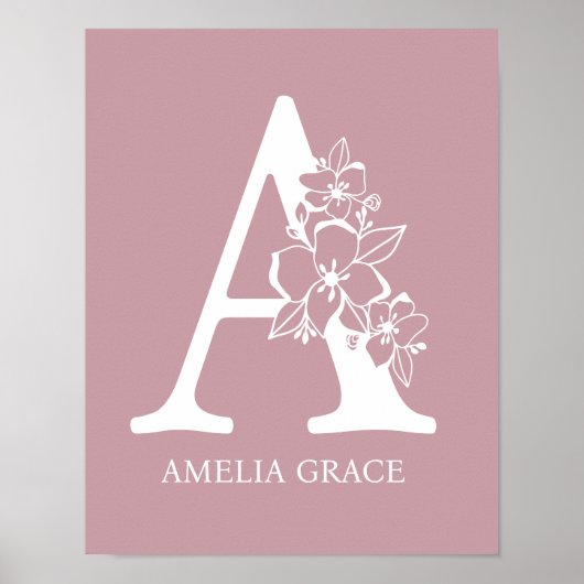 Floral Monogram Letter A Naam Nursery Modern Poster (Voorkant)