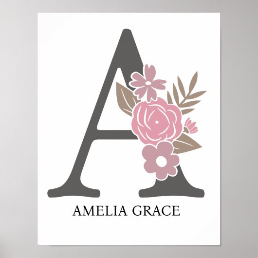 Floral Monogram Letter A Naam Nursery Modern Poster (Voorkant)