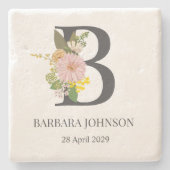 Floral Monogram Letter B Aangepaste naam en datum Stenen Onderzetter (Voorkant)