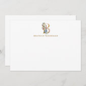 Floral Monogram Letter B Blue & Gold Personalized Notitiekaartje (Voorkant / Achterkant)