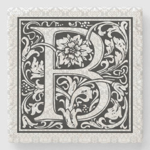 Floral Monogram Letter B Zwart  Tekst Stenen Onderzetter