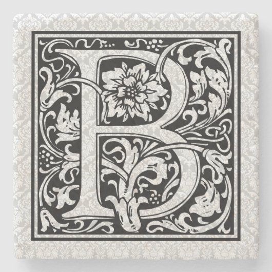 Floral Monogram Letter B Zwart Tekst Stenen Onderzetter (Voorkant)