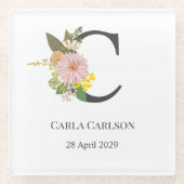 Floral Monogram Letter C Custom Name and Date Glazen Onderzetter (Voorkant)