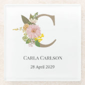 Floral Monogram Letter C Custom Name and Date Glazen Onderzetter (Voorkant)