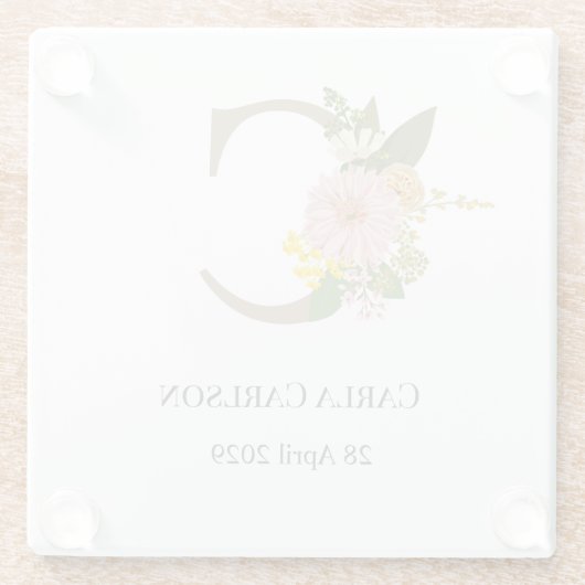 Floral Monogram Letter C Custom Name and Date Glazen Onderzetter (Achterkant)