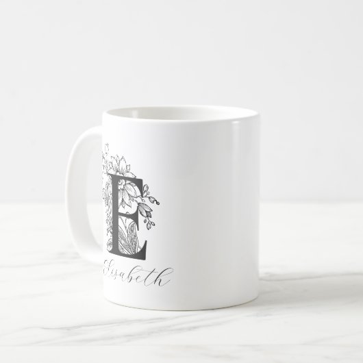  Floral Monogram Letter E Name Coffee Mok (Voorkant links)