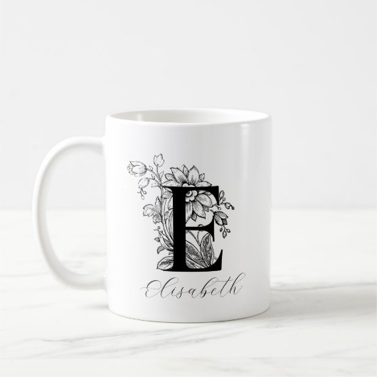  Floral Monogram Letter E Name Coffee Mok (Links)