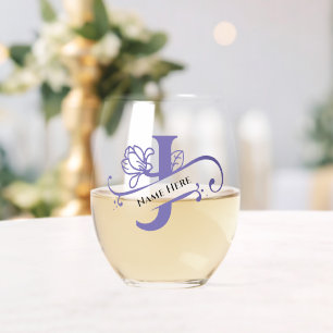 Floral Monogram Letter J Naam toevoegen Kleur wijz Wijnglas Zonder Voet