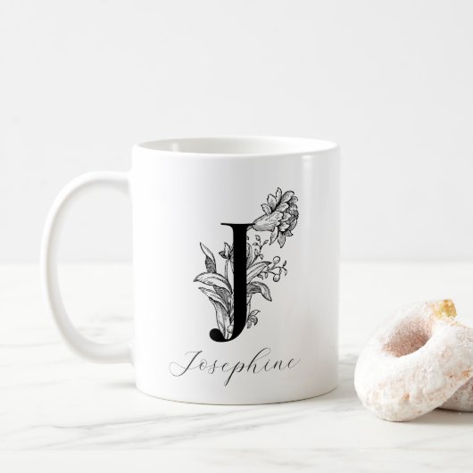 Floral Monogram Letter J Name Coffee Mok (Met donut)