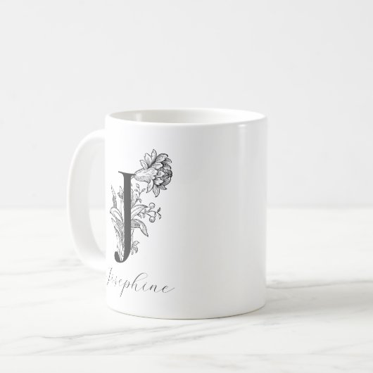  Floral Monogram Letter J Name Coffee Mok (Voorkant links)
