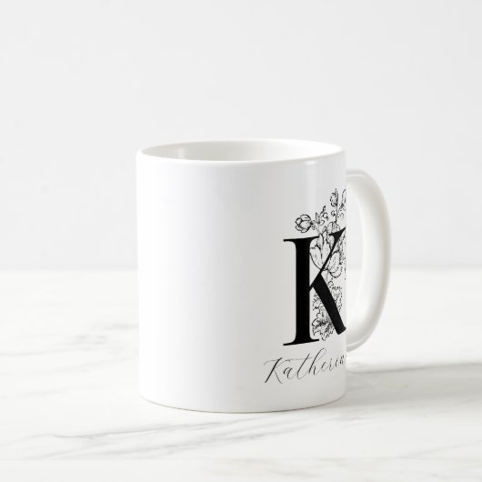 Floral Monogram Letter K Naam Koffie Mok (Voorkant rechts)