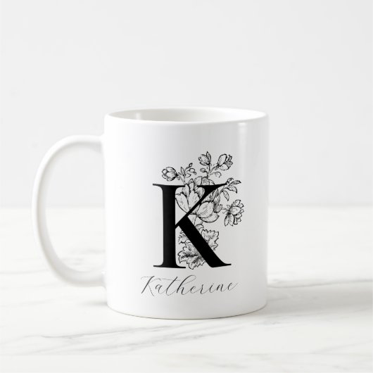  Floral Monogram Letter K Naam Koffie Mok (Links)