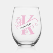 Floral Monogram Letter K Naam toevoegen Kleur wijz Wijnglas Zonder Voet (Voorkant)