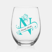 Floral Monogram Letter N Naam toevoegen Kleur wijz Wijnglas Zonder Voet (Voorkant)