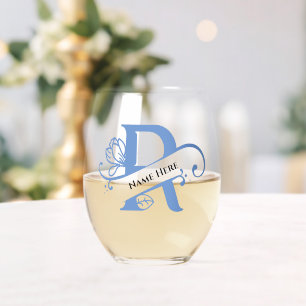 Floral Monogram Letter R Naam toevoegen Kleur wijz Wijnglas Zonder Voet