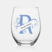 Floral Monogram Letter R Naam toevoegen Kleur wijz Wijnglas Zonder Voet (Voorkant)