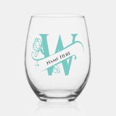 Floral Monogram Letter W Naam toevoegen Kleur wijz Wijnglas Zonder Voet (Voorkant)