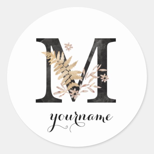 Floral Monogram M Black Gold Flora Ronde Sticker (Voorkant)