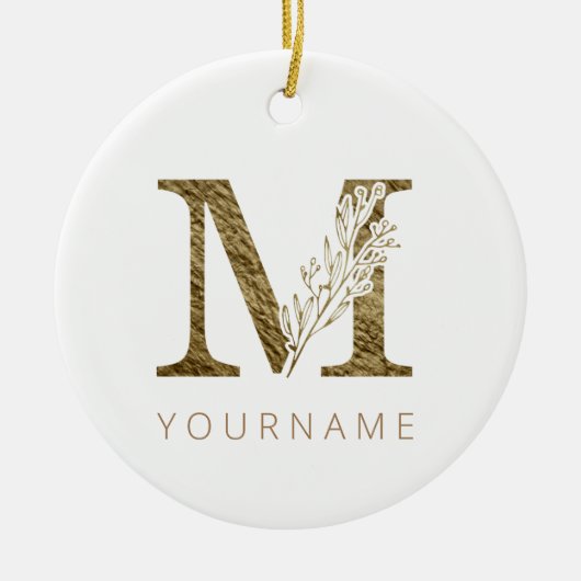 Floral Monogram M Elegant Gold Foliage Keramisch Ornament (Voorkant)