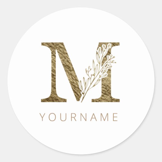 Floral Monogram M Elegant Gold Foliage Ronde Sticker (Voorkant)