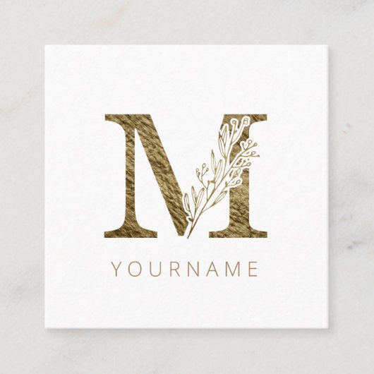 Floral Monogram M Elegant Gold Foliage Vierkante Visitekaartje (Voorkant)