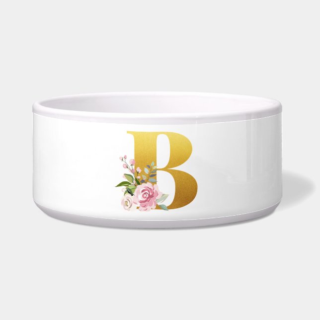 Floral Monogram met Initiaal Pet Name Letter B Voerbakje (Voorkant)