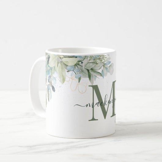 Floral monogram moderne eucalyptus koffiemok (Voorkant links)