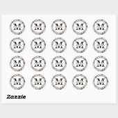 Floral Monogram moderne zwarte en witte Waterverf Ronde Sticker (Vel)