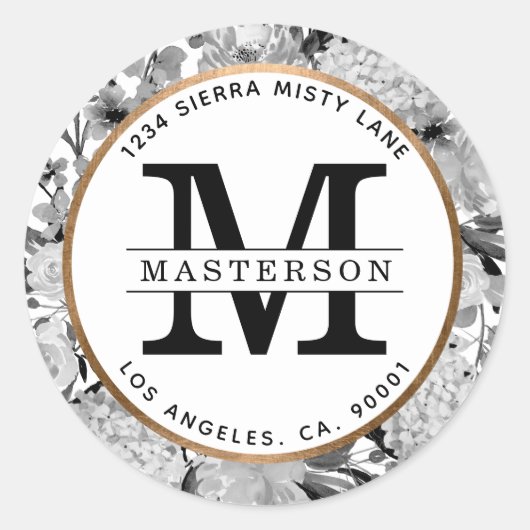 Floral Monogram moderne zwarte en witte Waterverf Ronde Sticker (Voorkant)