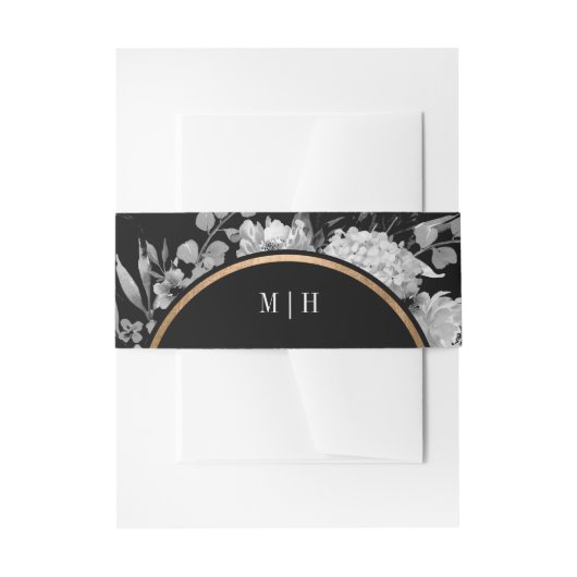 Floral Monogram moderne zwarte en witte Waterverf Uitnodigingen Wikkel (Voorkant Voorbeeld)