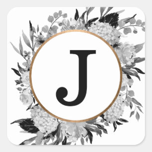Floral Monogram moderne zwarte en witte Waterverf Vierkante Sticker