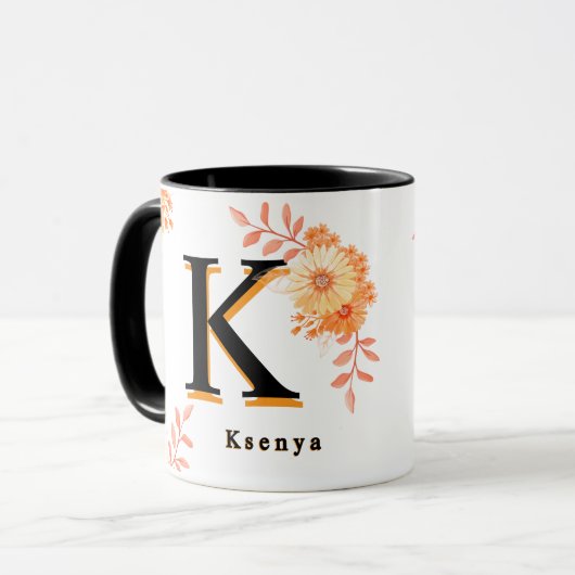Floral Monogram Mug – Elegant Letter K Coffee Cup Mok (Voorkant links)