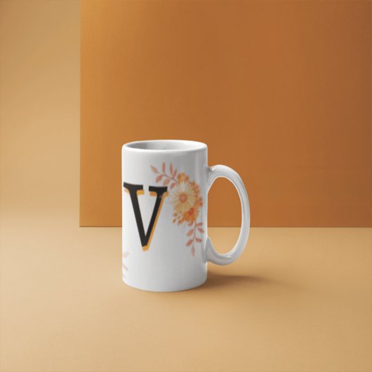 Floral Monogram Mug –Elegant Letter V-writ u name Mok