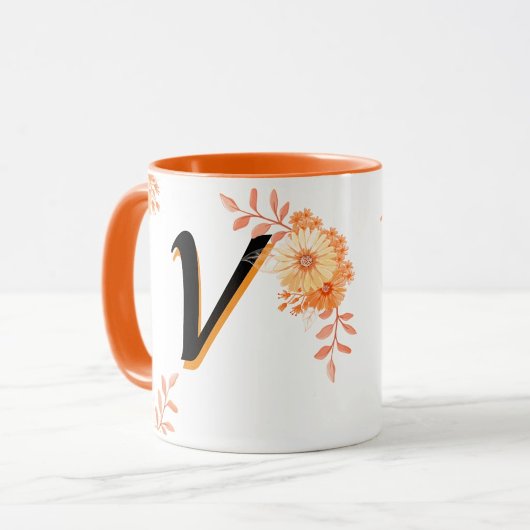 Floral Monogram Mug –Elegant Letter V-writ u name Mok