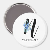 Floral Monogram N Blauwe Bloem Burst Magneet (Voorkant / Achterkant)