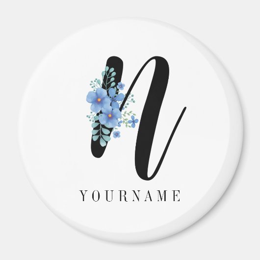 Floral Monogram N Blauwe Bloem Burst Magneet (Voorkant)