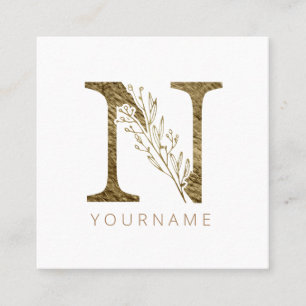 Floral Monogram N Elegant Gold Foliage Vierkante Visitekaartje