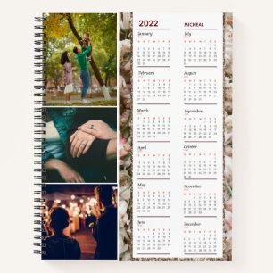 Floral Monogram naam en drie foto's kalender 2022 Notitieboek