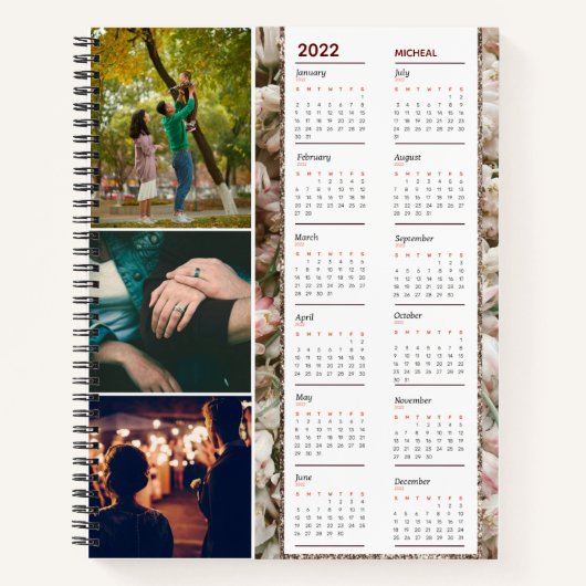 Floral Monogram naam en drie foto's kalender 2022  Notitieboek (Voorkant)