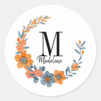 Floral Monogram najaar Oranje bloemen Ronde Sticker