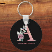 Floral Monogram Name Letters Roze Agate Sleutelhanger (Voorkant)