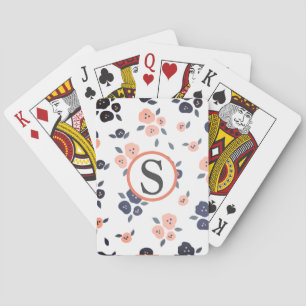 Floral Monogram Navy Blue Farmhouse Pattern Pokerkaarten