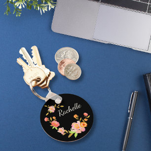  Floral Monogram Oranje & Roze Aangepast Sleutelhanger