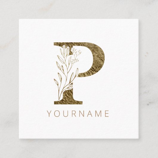 Floral Monogram P Elegant Gold Foliage Vierkante Visitekaartje (Voorkant)