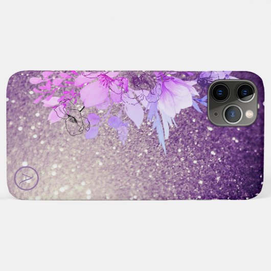 *~* Floral Monogram Paars Ombre Glitter Case-Mate iPhone Case (Achterkant (horizontaal))