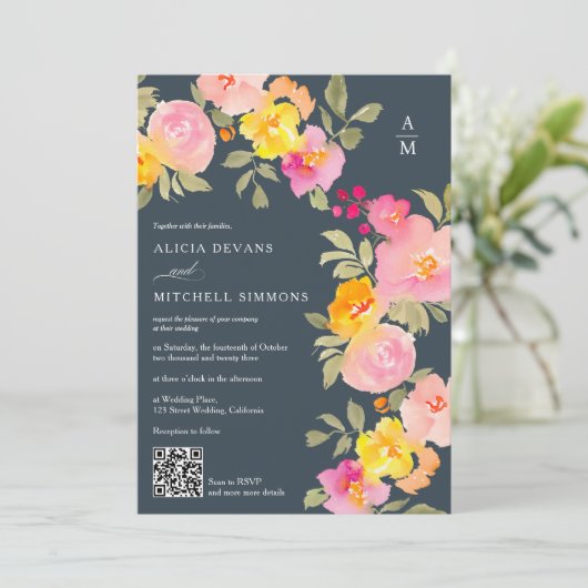 Floral monogram Qr code foto grijs bruiloft Kaart (Staand voorkant)