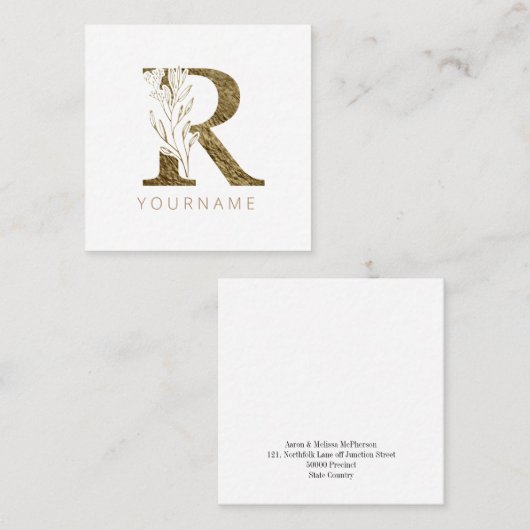 Floral Monogram R Elegant Gold Foliage Vierkante Visitekaartje (Voorkant / Achterkant)